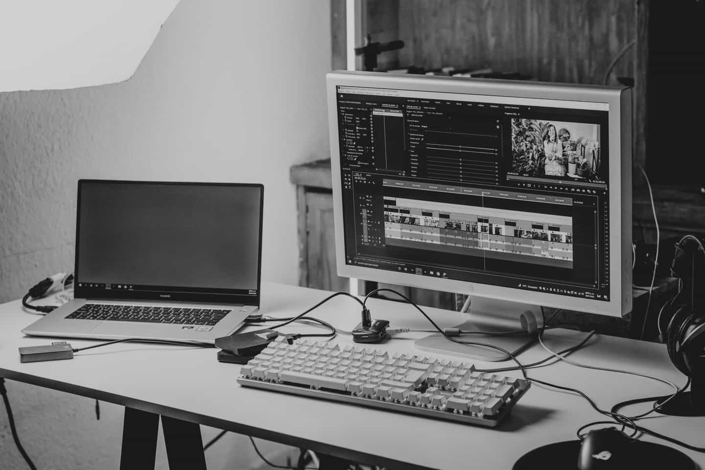 A desk setup with a laptop and external monitor used for video editing